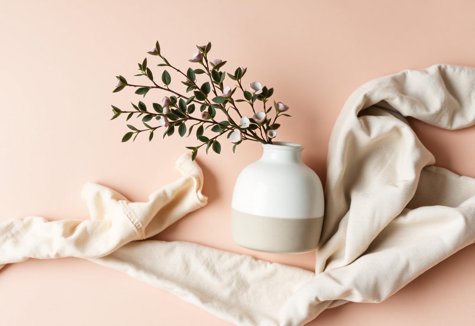 Australian native flora in a stoneware vase with linen
